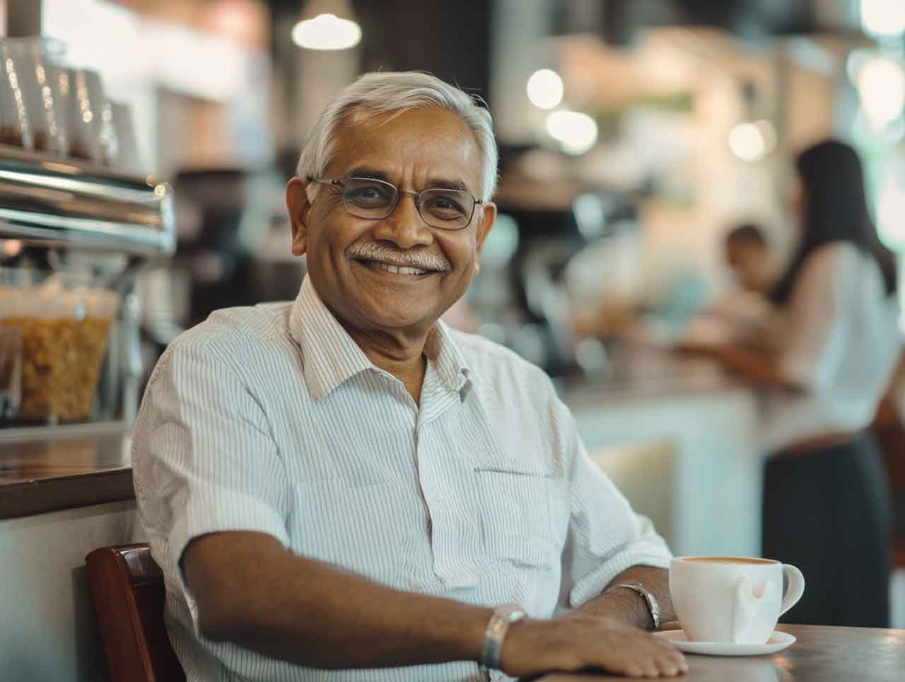 An old man relaxing and having coffee