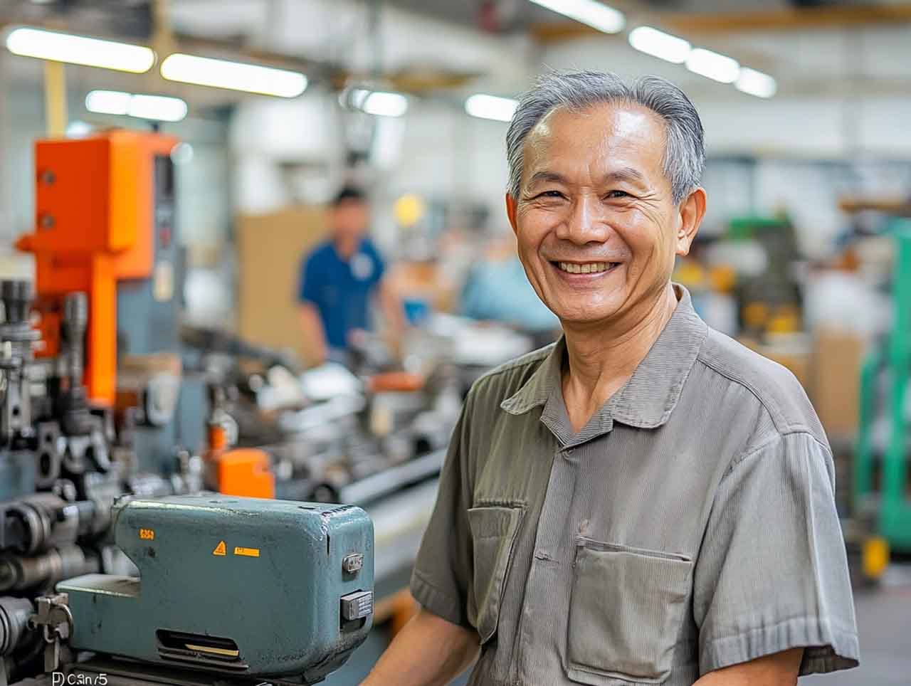 An old man running an industry, smiling