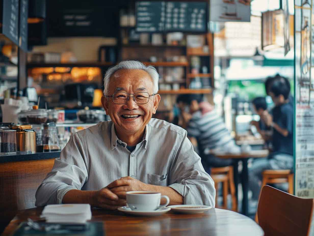 An old man smiling and having coffee