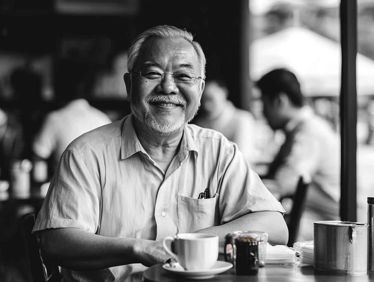 A happy old man relaxing and having coffee