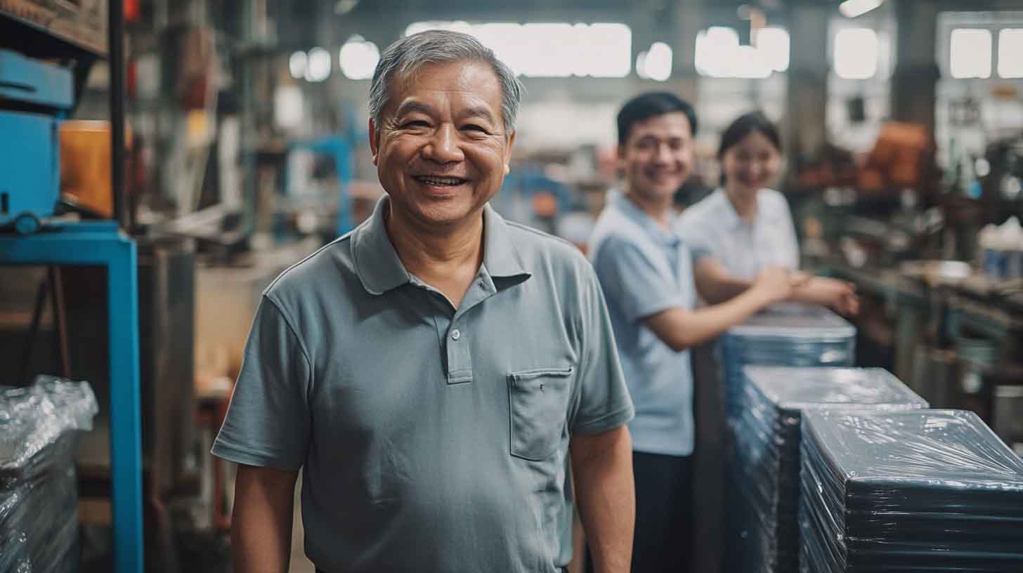 A happy old man smiling in his company with his employees smiling behind him