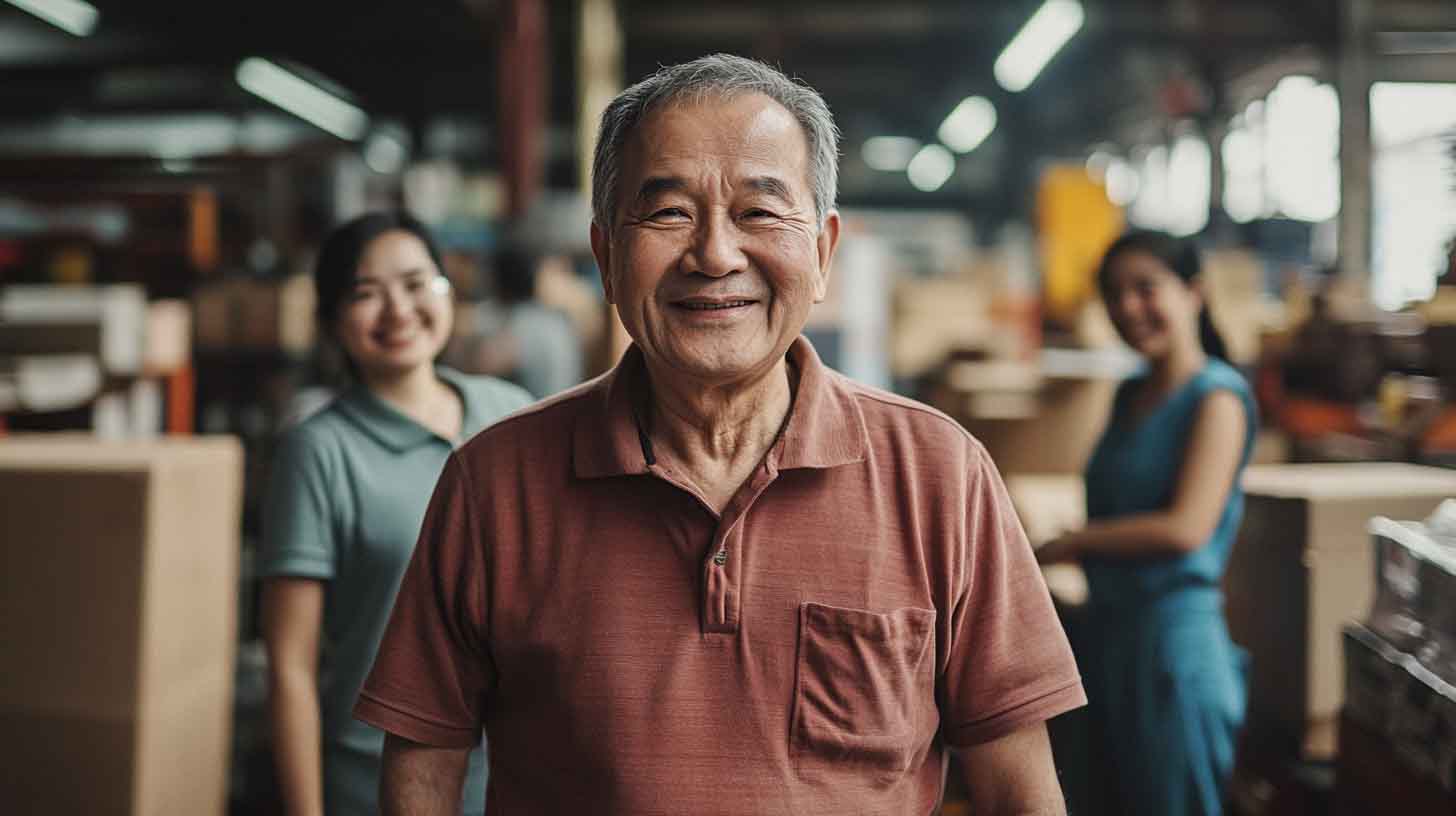 A happy old man smiling, with his employees smiling alongside