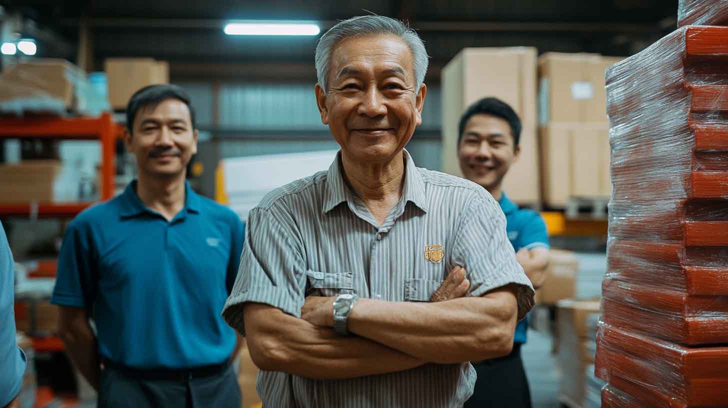 An old man folding his arms and smiling, with his happy employees behind him