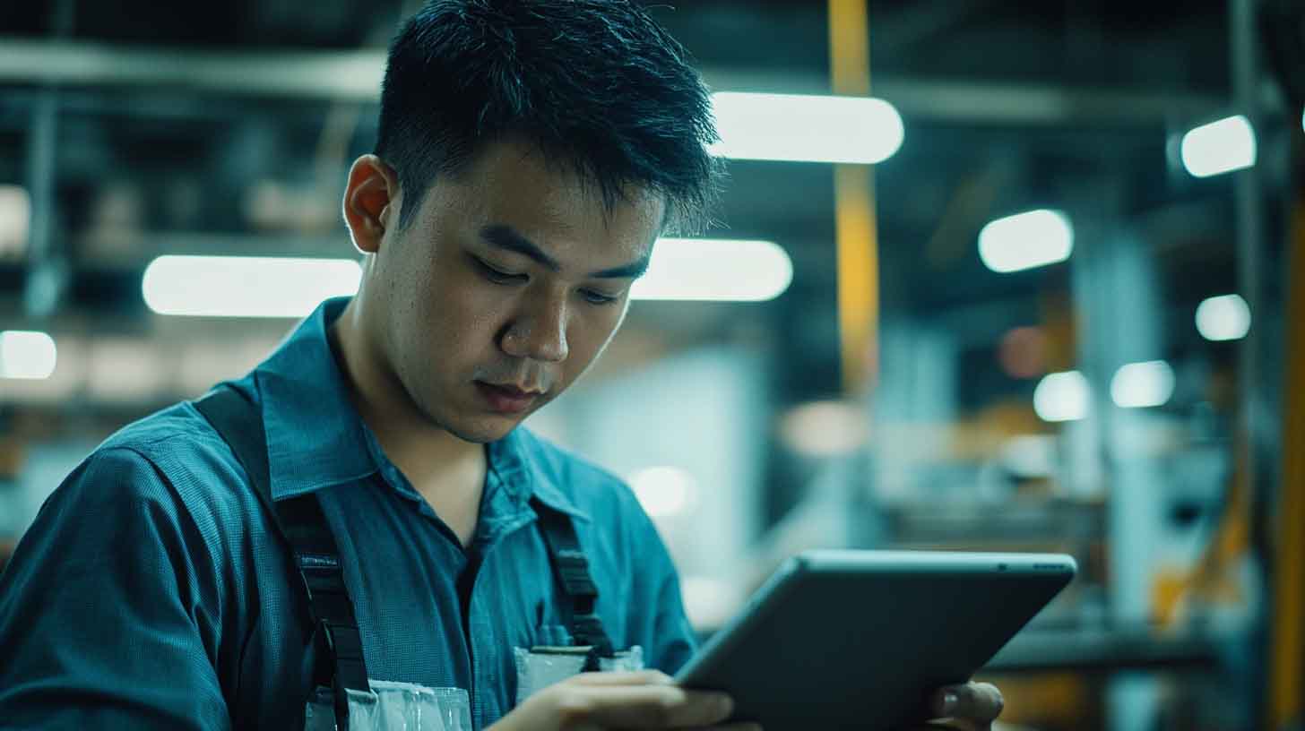 A management employee, looking into a tablet