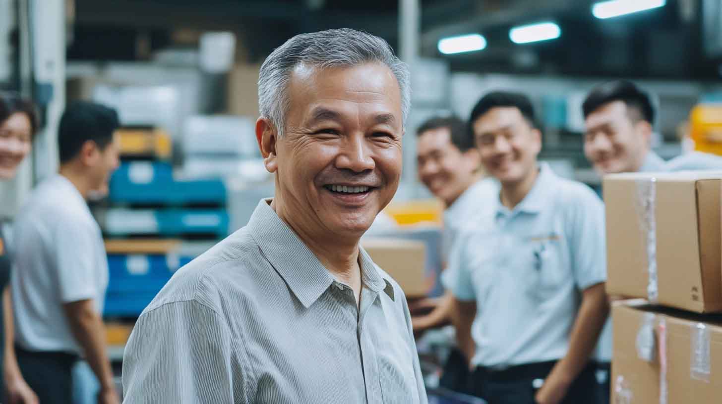 A happy old man running a logistics company smiling with his employees